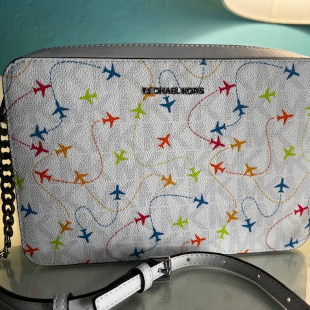 Michael Kors White Crossbody Bag with Multicolor Airplane Print
